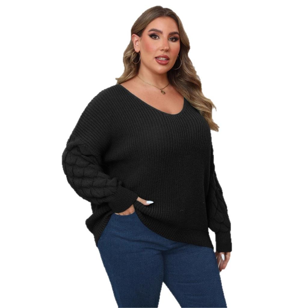 Large-sized Women's Sweater with Pineapple Sleeves and Deep V Patchwork, Casual Pullover Top