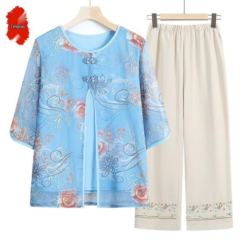 Women s Floral Fake Two-Piece 3/4 Sleeve Top