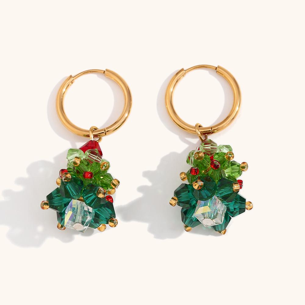 Handmade Crystal Christmas Tree Earrings & 18K Gold-Plated Necklace: Festive Jewelry for Women