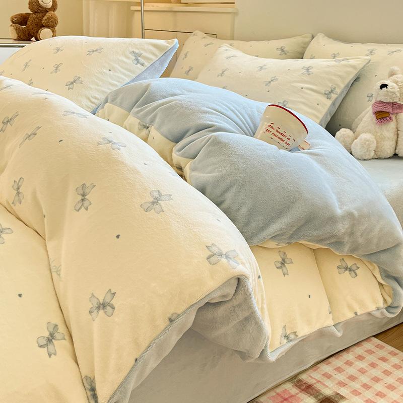 Thickened Milk Fleece Four-Piece Set, Coral Fleece Bed Sheet Quilt Cover, Fleece Three-Piece Set, Bedding.