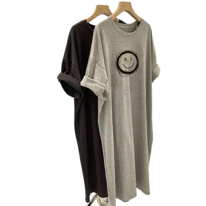 Summer's New Versatile Short-sleeved Loose Korean Style Korean-style Smiling Face Print Split Mid-length T-shirt Dress