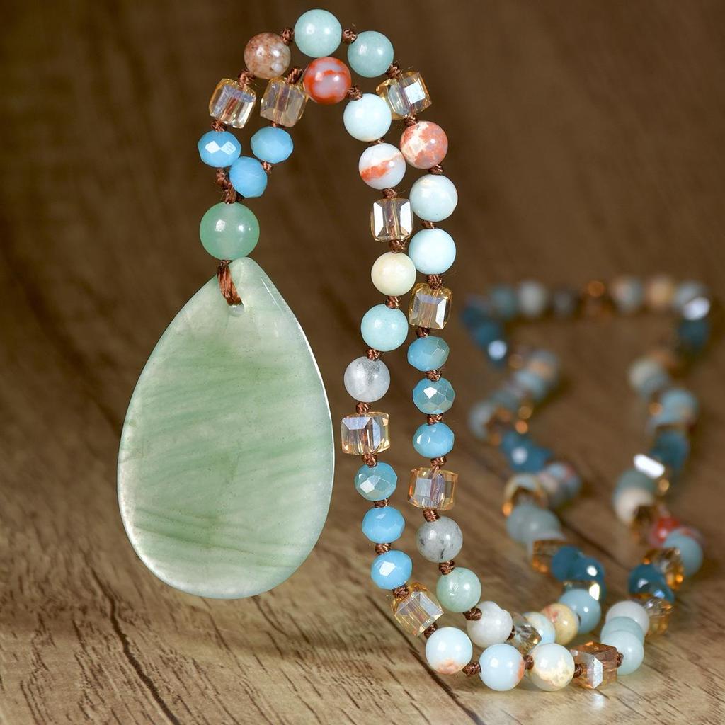 Women's Pink Crystal & Colorful Agate Water Drop Necklace: Handmade Knotted Sweater Chain with European and American Style