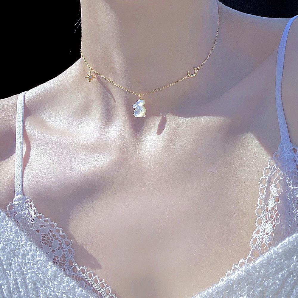 Natürlicher Perlmutt Mondhase Anhänger Halskette S925 Sterling Silber Chinesischer Stil Tierkreis Schmuck für Frauen