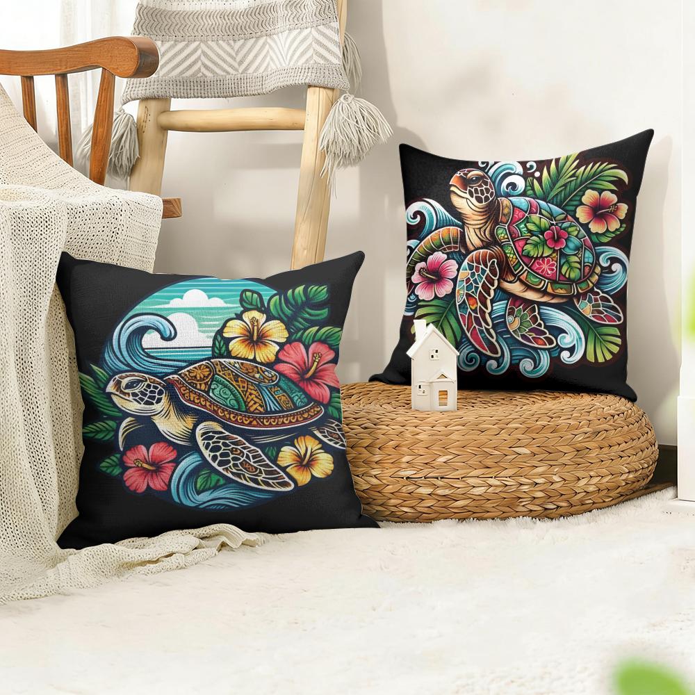 Hawaiian Turtle Cushion Cover Natural Linen Organic Fabric Double-Sided Printing Sofa Home Decor Gift Pillow Cover