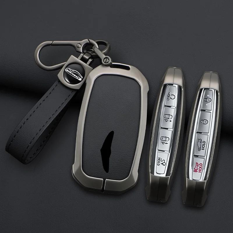 Interior Mouldings 2025 New Zinc Alloy+Leather Car key case cover shell Fob For Genesis G80 2023 2024 2025 G70 G90 G90RS4 GV60 G