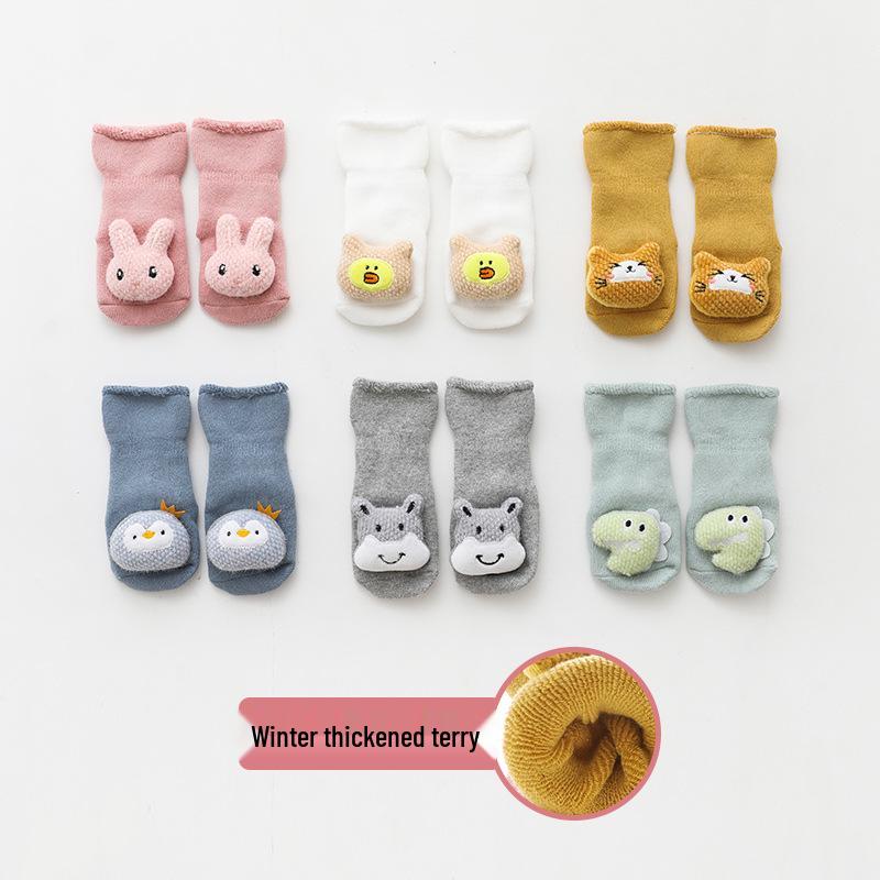 Warm Winter Terry Baby Socks: Cute Non-Slip Mid-Calf Cartoon Design