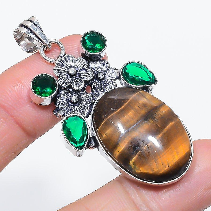 Natural Tiger Eye, Diopside 925 Sterling Silver Jewelry Pendant 2.17" H4h53