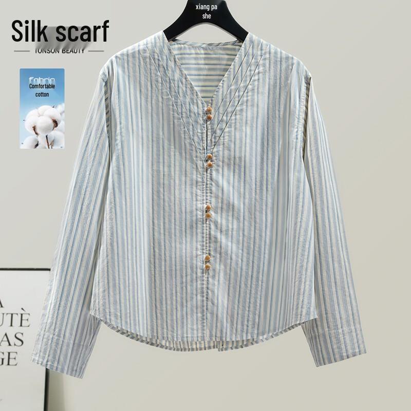 Women s Pleated V-Neck Striped Long-Sleeve Shirt S