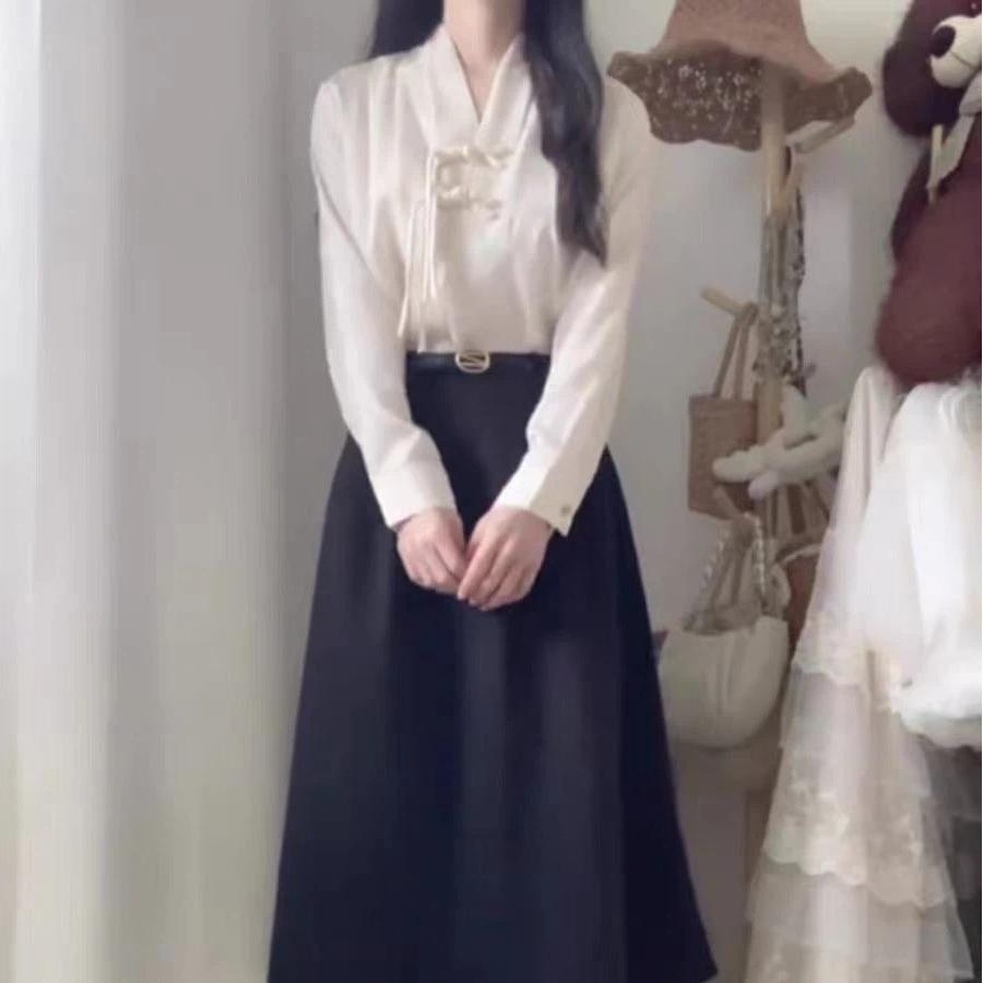 New Fashion Long Sleeve V-Neck Blouse Women Blusas Mujer De Moda Chinese Style White Women Blouse Shirt Women Tops Popular