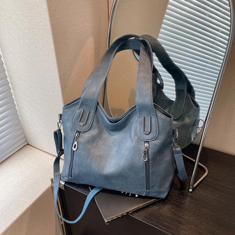 

Новая однотонная сумка-тоут на молнии с двумя основными отделениями большой вместимости для женщин, модная женская сумка из полиуретана с декоративной строчкой, сумка через плечо синий