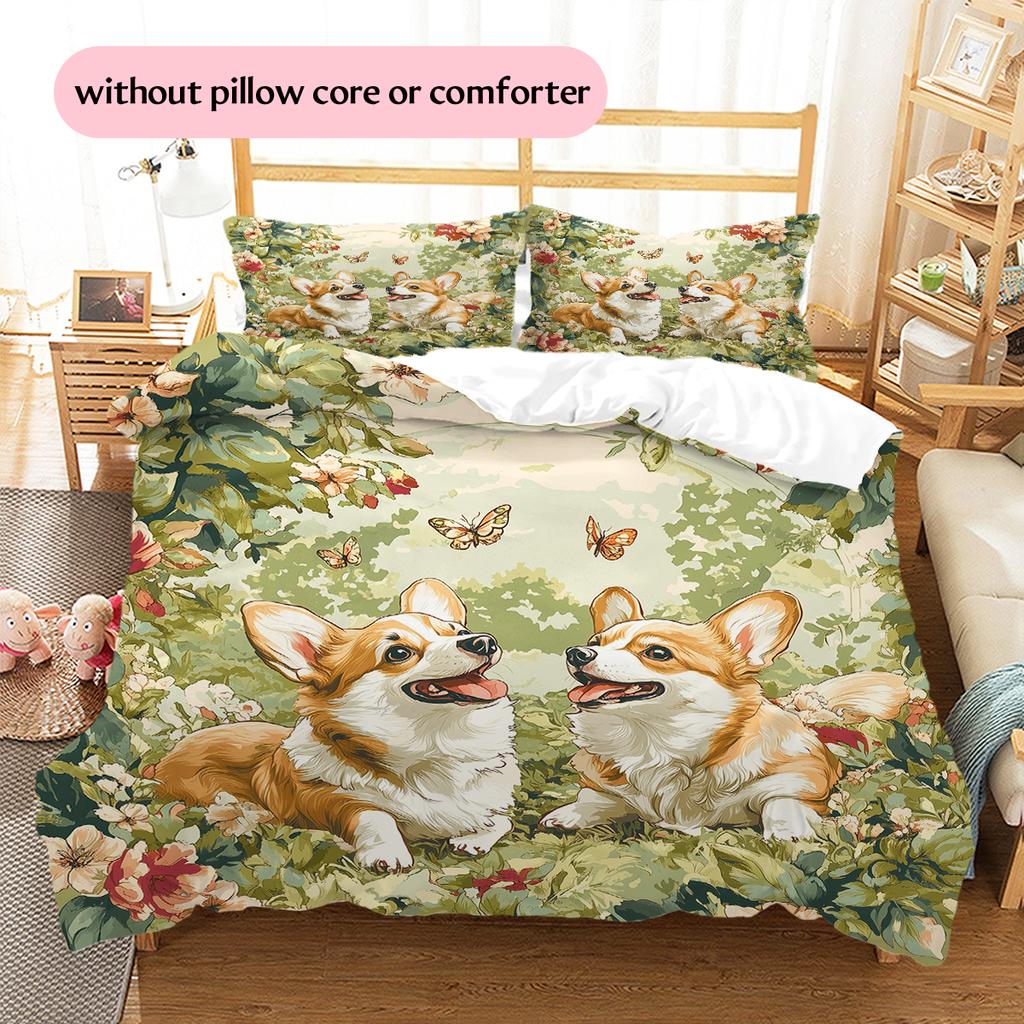 Corgi and Grassland Pattern Bedding Home Decoration Birthday Gift (1 * duvet cover + 2 * pillowcase, without core)