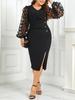 GIBSIE Plus Size Womens Black V Neck Mesh Sleeve Cocktail Party Pencil Dress Elegant Office Ladies Split Midi Bodycon Dresses