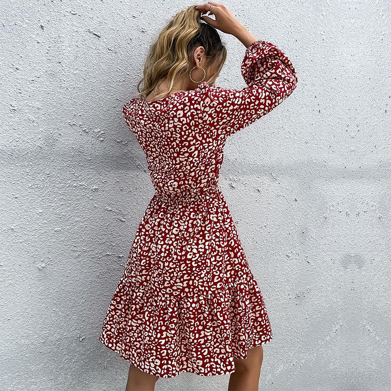 Temperament and Elegance Outer Wear Vintage Women's Printed Short Dress Round Neck Long Sleeve Red Dresses
