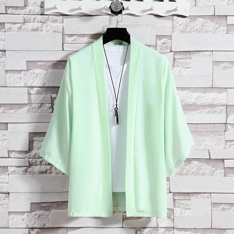 Men's Casual Seven-Sleeve Ice Silk Cardigan, Chinese Style, Solid Color, Plus Size