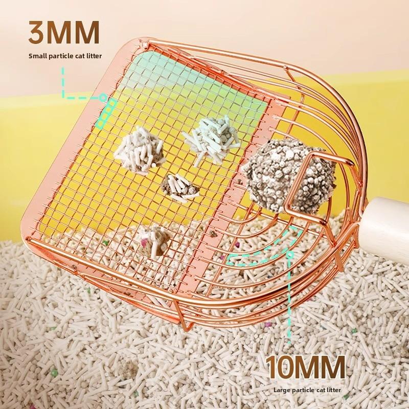 A Large-sized Metal Cat Litter Scraper with A Wooden Handle and Fine Mesh Holes. It Is A Wall-mounted Cat Litter Cleaning Tool