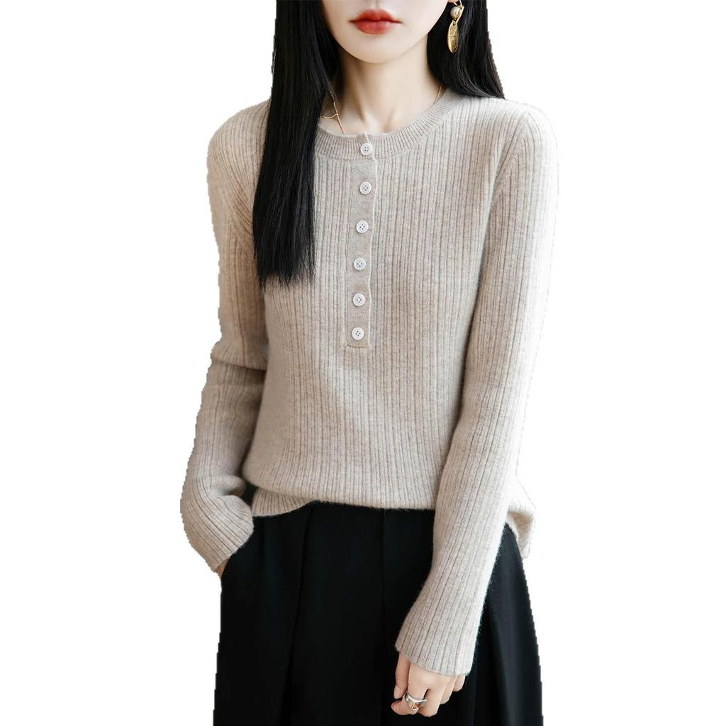 Women's Solid Color Wool Knitwear: Single-Breasted, Long-Sleeve, Round Neck, 2025 Autumn Collection