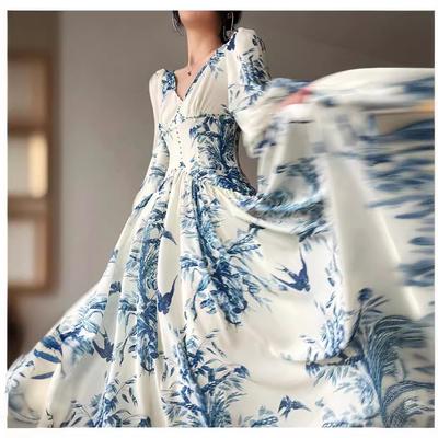Women Long Dress Printed Lantern Sleeve V-neck High Wasit Elegant Dresses Female Fashion Club Holiday Party Clothes