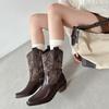 Vintage Embroidery Woman Western Cowgirl Boot Casual Slip On Knight Booties Autumn Winter Thick Heel Girl Shoes