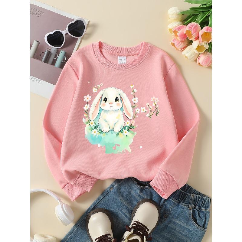European sizes Girls Soft Crewneck Sweatshirt Cute White Bunny with Flowers Print, Casual All-Match, Ideal Holiday Present