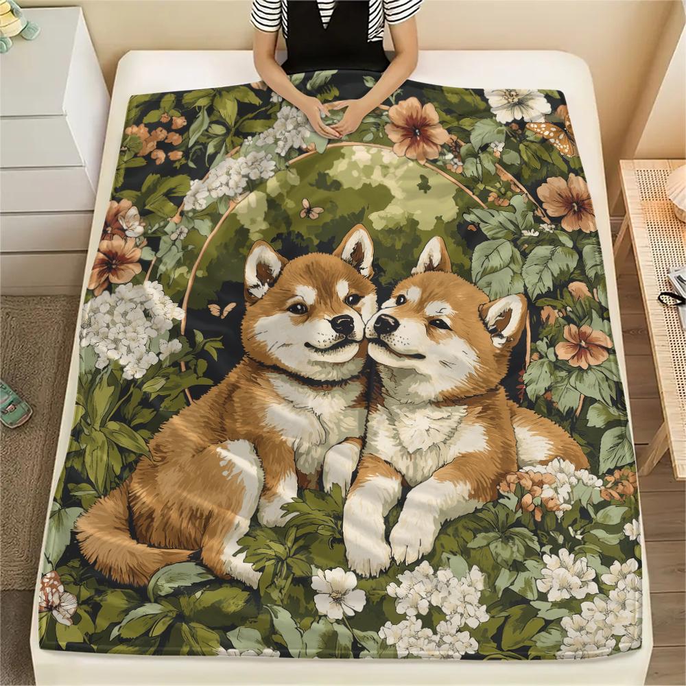Shiba Inu and Leaves Pattern Flannel Blanket, High Quality Comfortable for All Seasons, Home Decor, Warmth and Comfort, Perfect for Gifts.