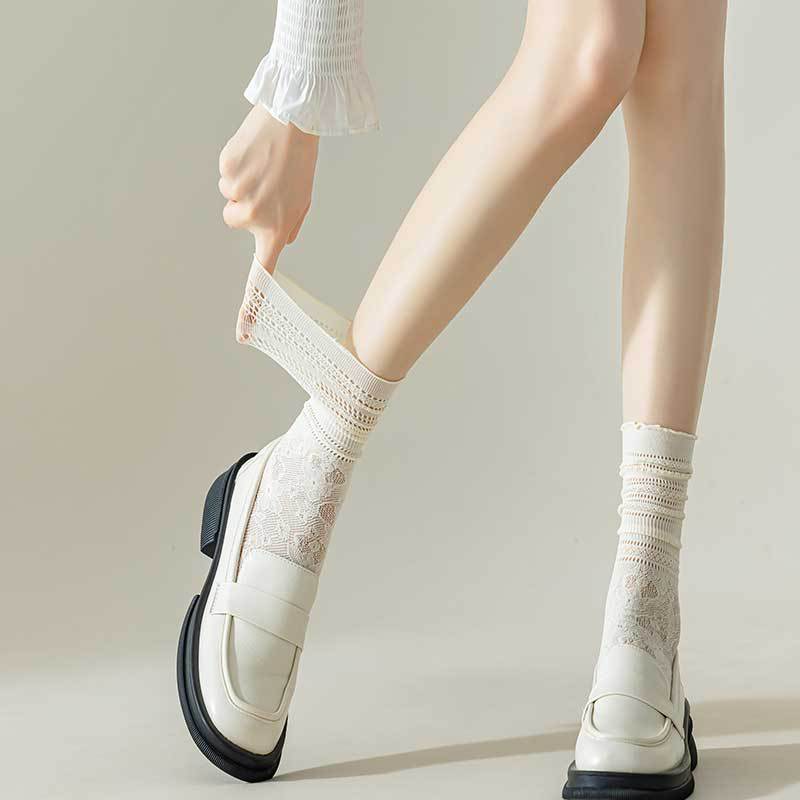 Lace Socks, Women's Hollow Mid-calf Socks, Mesh Sweat-absorbing, Black Fungus Edge Pile Socks, Spring and Summer Thin Style, Versatile, Solid Color