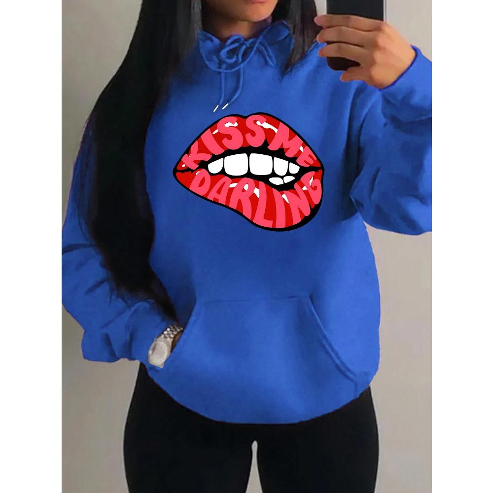 Kiss Me Darling Red Lips Print Hoodies Woman Autumn Fleece Hoody Casual Hip Hop Streetwear Loose Pullovers