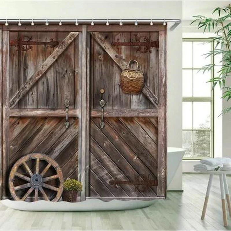 Rustic Wooden Barn Door Decor Shower Curtain For Bathroom Western Country Theme Vintage Rural Farm House Door Bath Curtains Set