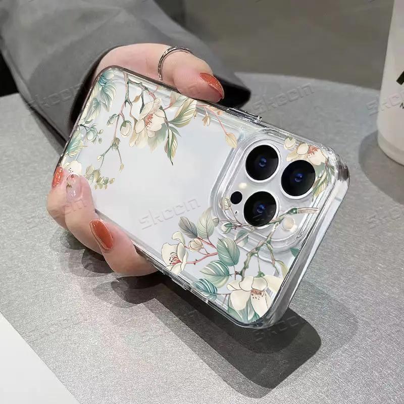 Delicate White Floral Green Leaves Phone Case for iPhone 17 16 15 14 13 12 11 16E Series Pro Max Plus Double Layer Protection