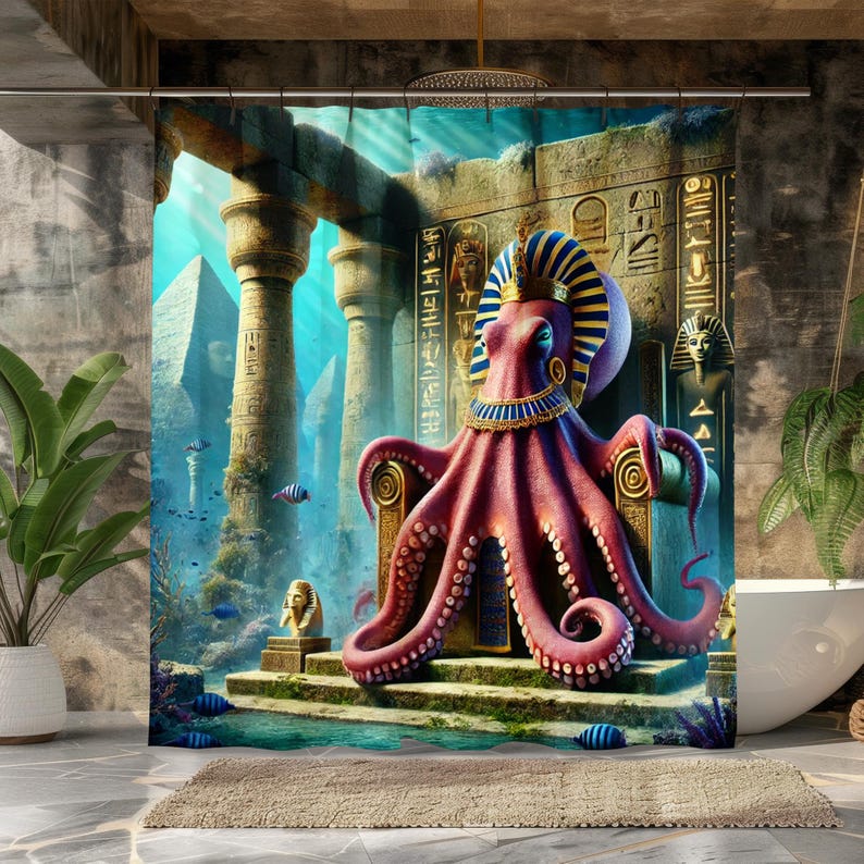 Ägyptischer Oktopus Duschvorhang - Unterwasser-Pyramiden-Fantasie, Pharaonen-Meereswesen, Mythisches Meeres-Thema, Einzigartiges Badezimmer-Geschenk