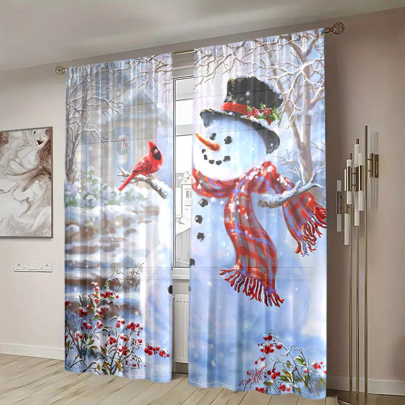 2 Pieces, Christmas Snowman Snow Landscape Curtains -30% Blackout - Suitable for Living Room, Bedroom, Kitchen, Home Decoration