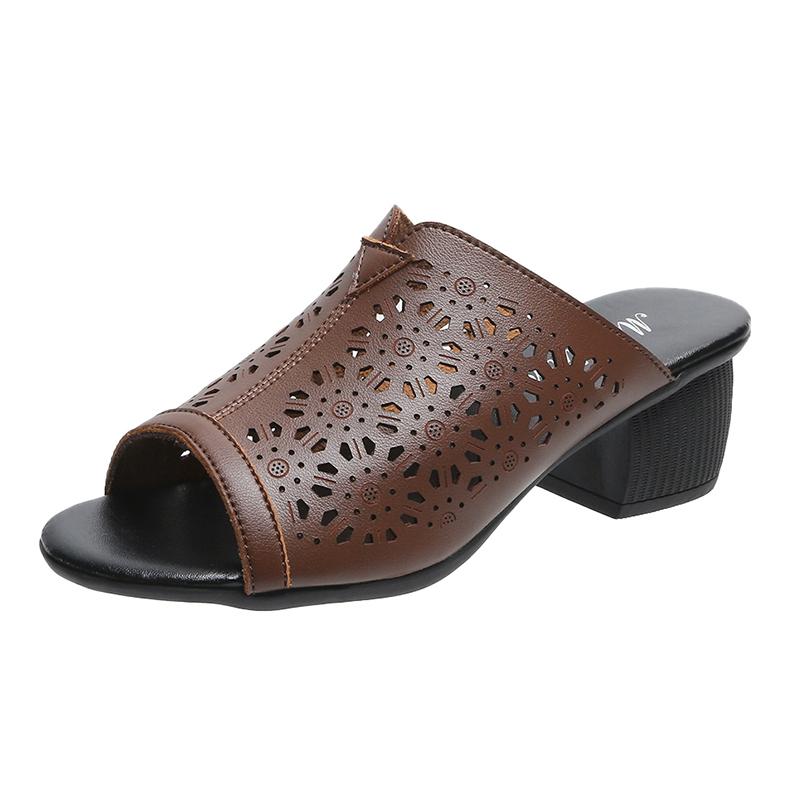 Retro Thick Middle-heeled Fish Mouth Sandals Female 2025 Summer Fashion Hollow Sandals Outer Wear Slippers Open Toe Mules