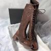 Fashion Block Heel High Boots Autumn New Square Toe Spliced Front Lace-Up Side Brushed Anti-Slip Wear-Resistant Single Boots