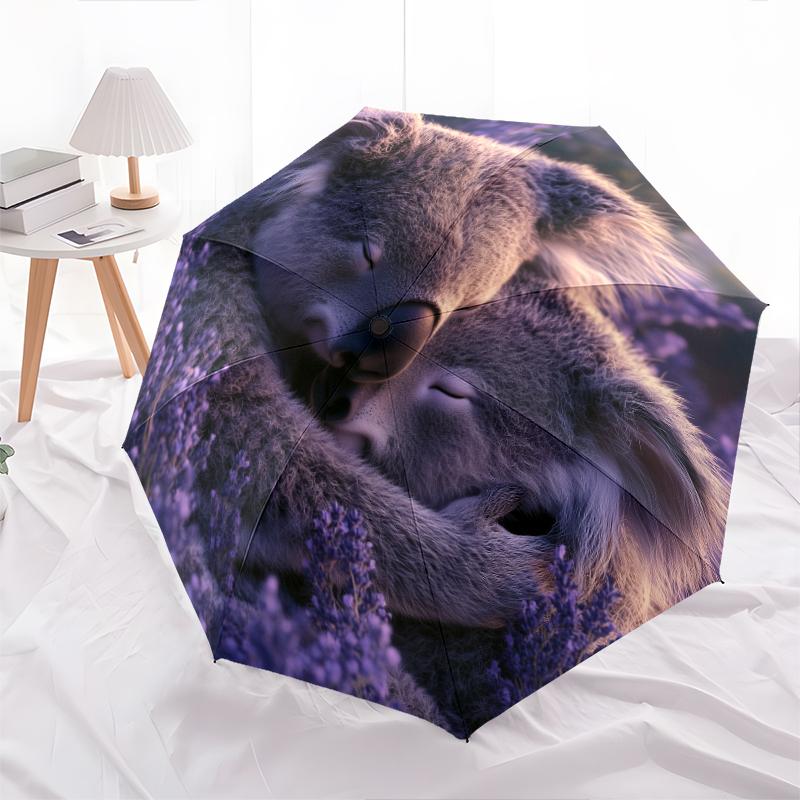 Fantasia koala e fiori, ombrello pieghevole automatico, design portatile e pieghevole, 8 stecche, un regalo di Natale o di compleanno.