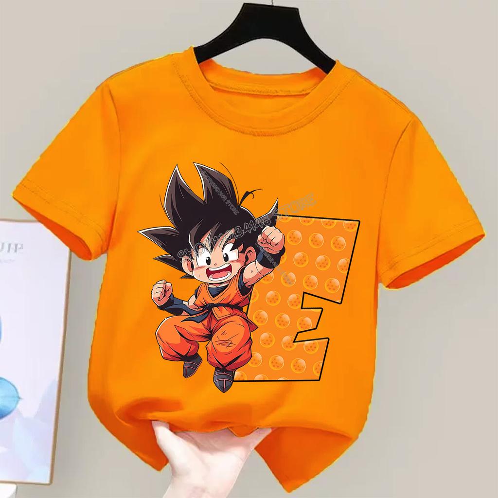 Dragon Ball Goku T-shirt for Children Cartoon A-Z Letters Tee Top Boys Girls Orange Clothes New Kids Short Sleeve Clothing Gift