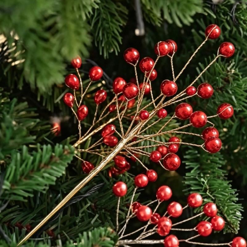 Ready-to-Place Christmas Branch Pick with Extended Stem for Decorating Tree, Wreath, Garlands, and Table Displays