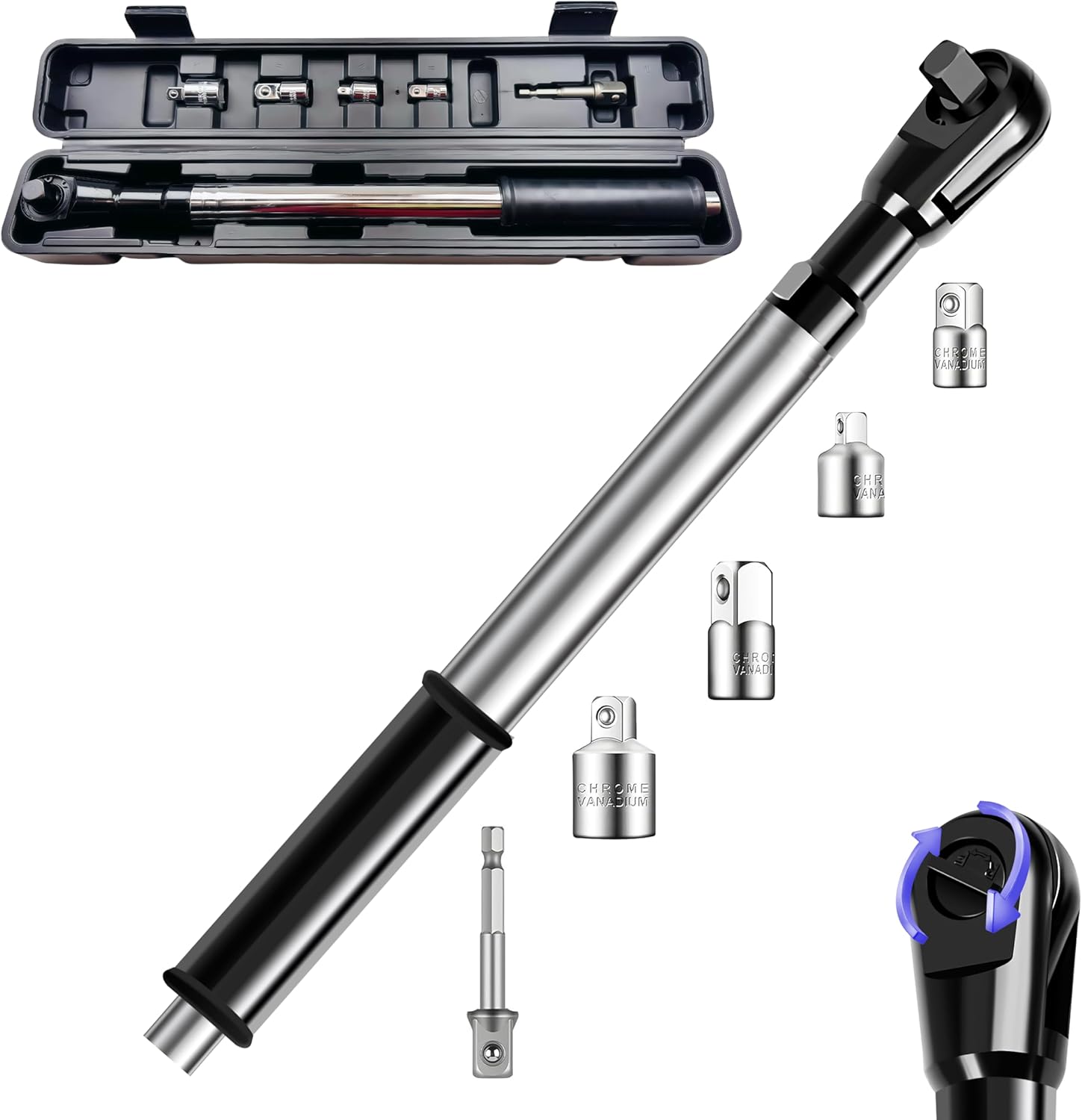 

1/2 Offset Extension Wrench for Electric Drill with 1/2 , 3/8 , 1/4 Socket Adapters & Drill Bit (Blow Case)