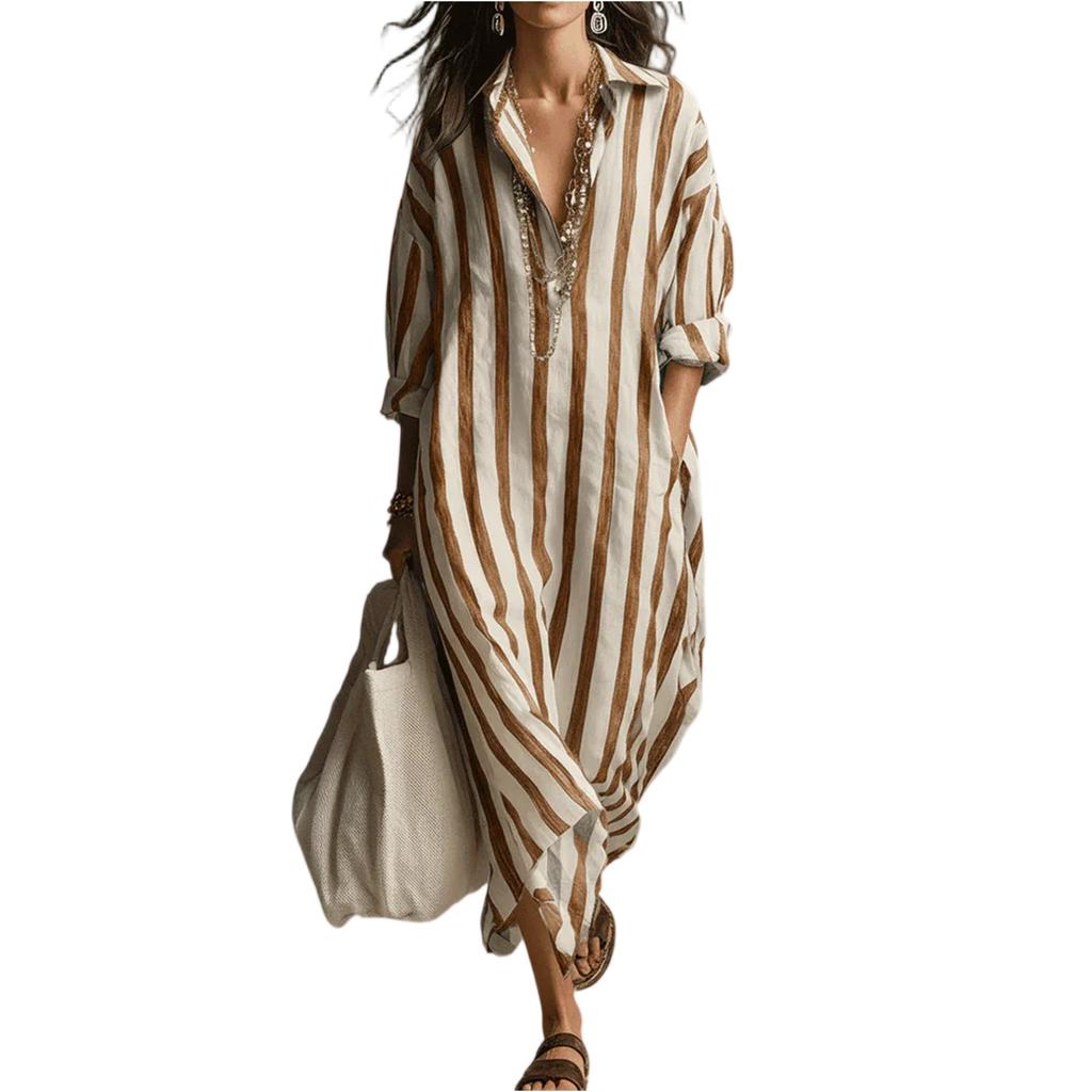 Women's Fashionable Loose V-neck Long Striped Three-quarter Sleeve Shirt Dress