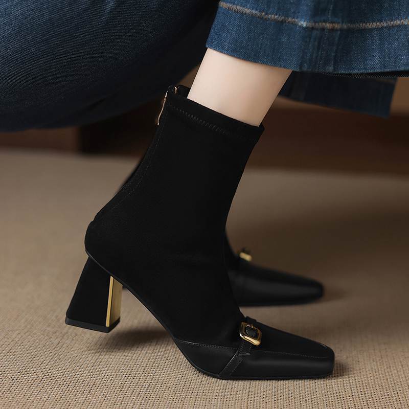 Krazing Pot Flock Cow Skin Square Toe Thick Heels Chelsea Boots Size 42 Beauty Lady Women Metal Buckle Ankle Boots
