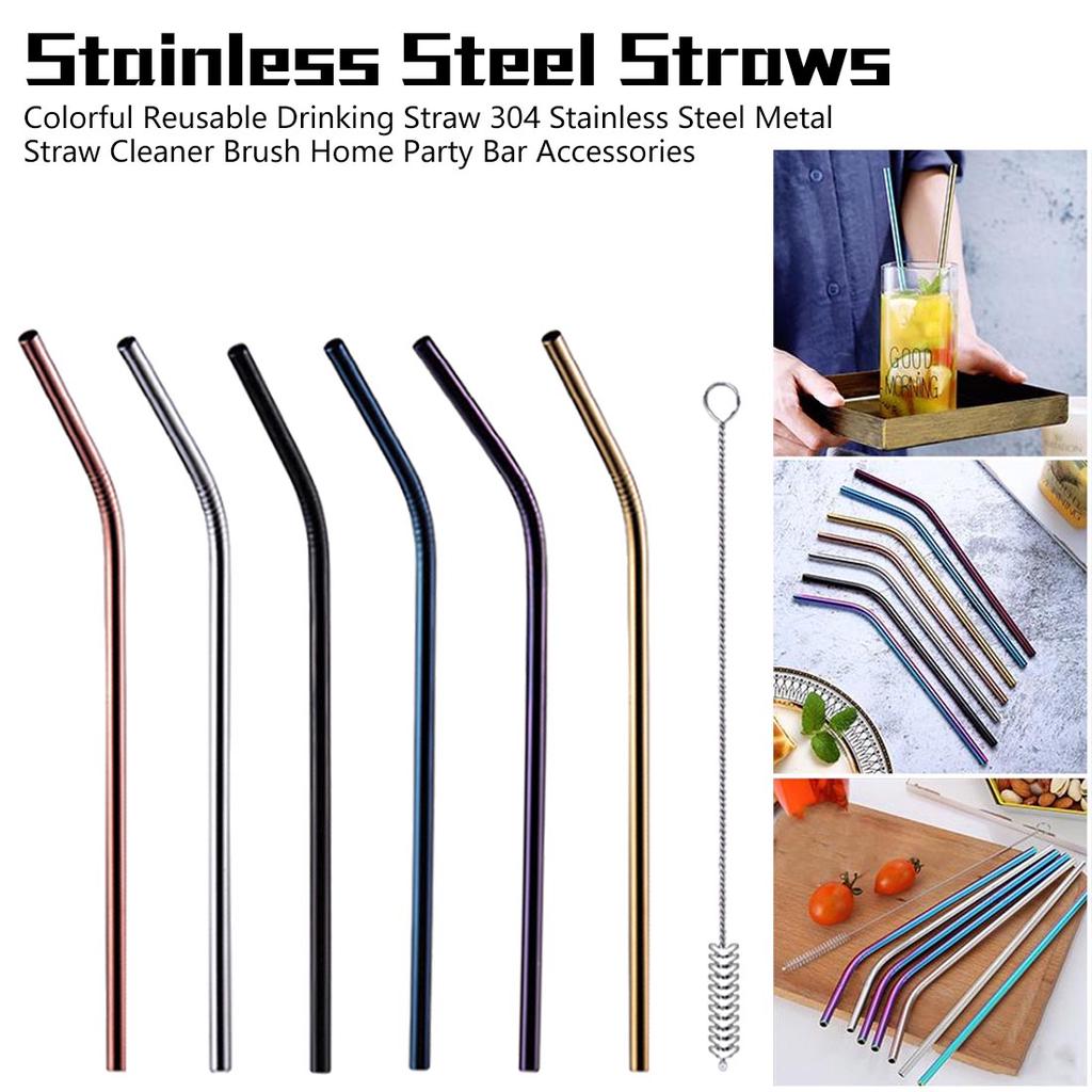 Home & Garden 10pcs Reusable Drinking Straw Stainless Steel Metal Brush