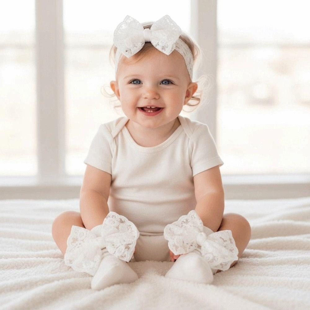 2Set Lace Bow Baby Headband Socks Set Soft Elastic Hair Band Anti Slip Socks  0-12 Months