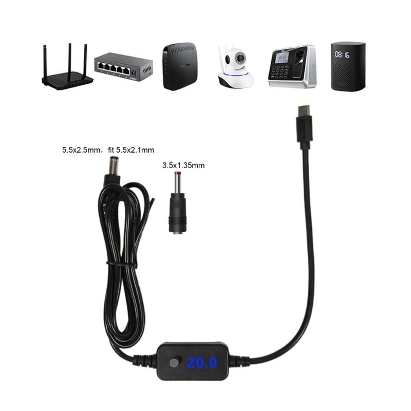 Type C To 5.5x2.5mm Charging Wire With Digital Display 5V 9V 12V 15V 20V Adjustable with 3.5mm Connector for Electronic