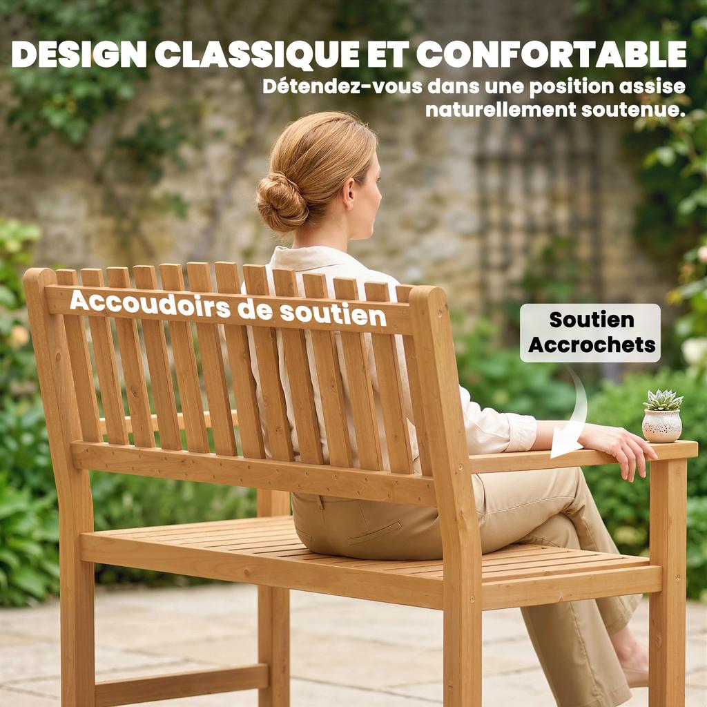 Garden Bench, Patio Bench, 2-Seater, 320 kg, Armrests, 112 x 64 x 92 cm, Natural Acacia Wood