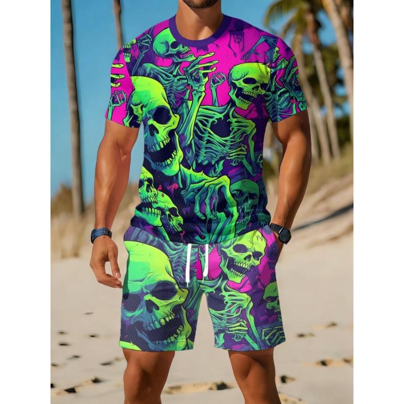 Lässiges Sportliches Set Atmungsaktiv Outdoor Freizeit Herren Rundhals T-Shirt und Shorts Set Sommer Digitaldruck Druck Outfit Herren Erwachsene