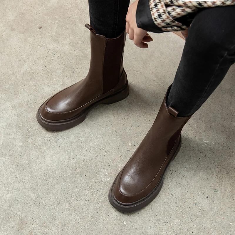Fashion Hot Genuine Leather Women's Boots Office Lady Slip-On Chelsea Boots Fashion Ankle Boots Round Toe Flat with Women Shoes Platform