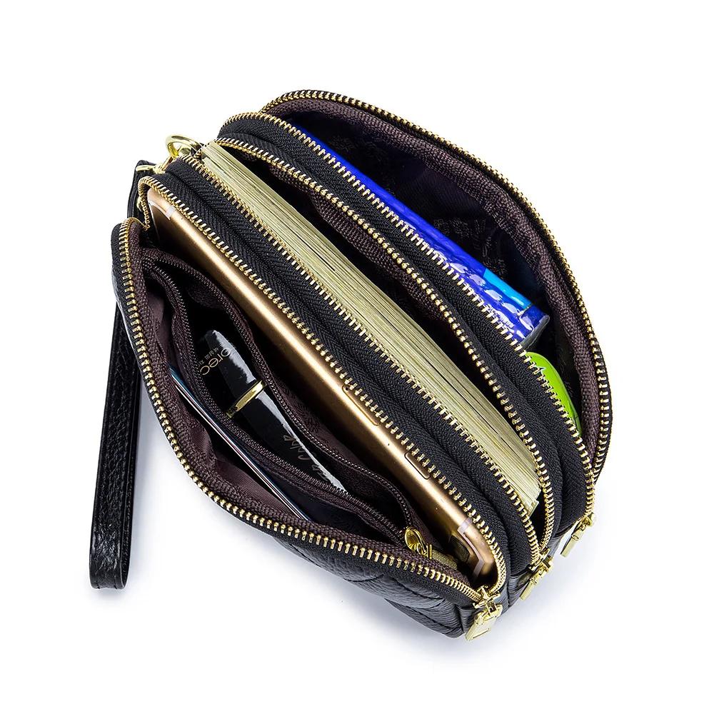 Damen Clutch aus echtem Leder Oberlederschicht lange Geldbörse dreilagige multifunktionale gesteppte Handytasche