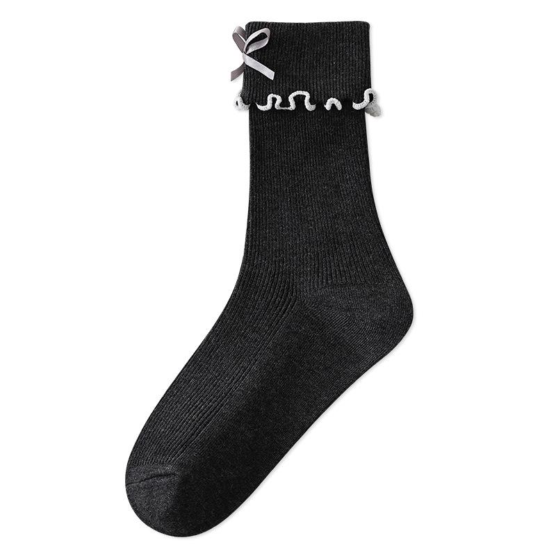 Women's Spring and Autumn Double-needle Bow with Loose Lace, Super Soft Pile Socks with Black Fungus Edge