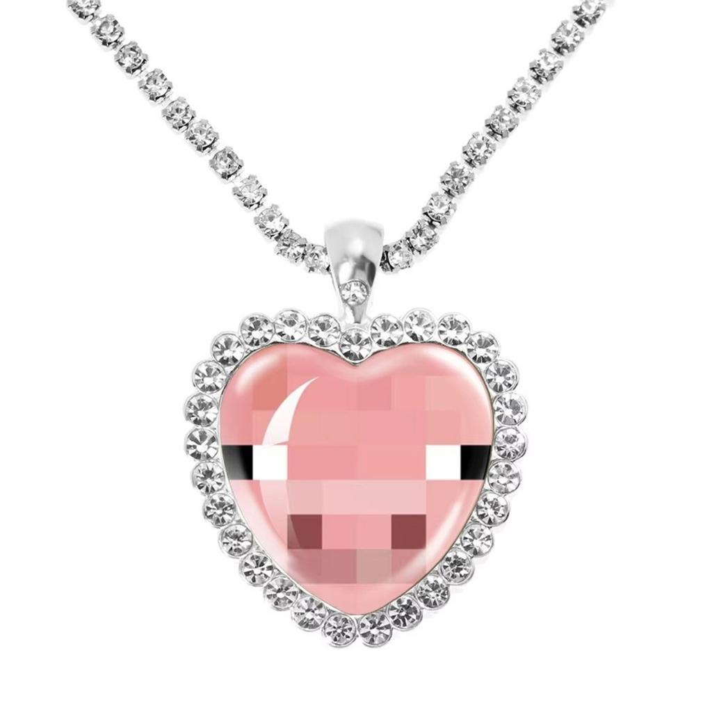 Fun Pixel Block-themed Heart Necklace Accessories, Heart Pendant, Sweater Chain, Rhinestone Necklace
