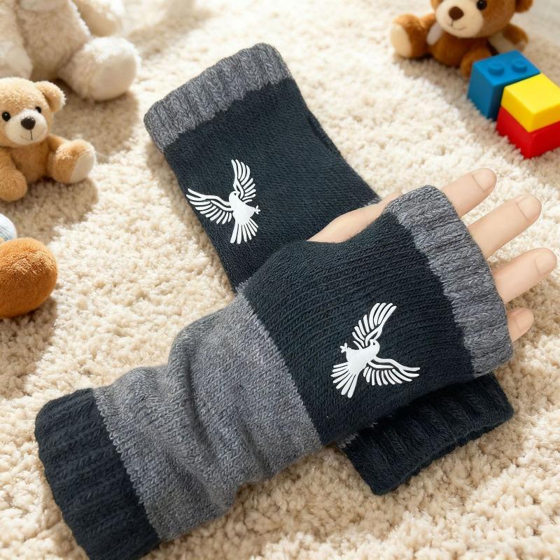 Gants en tricot sans doigts avec broderie de chat et patchwork, Gants décontractés ouverts aux doigts tendance pour femme, Mitaines chaudes d'hiver sans doigts