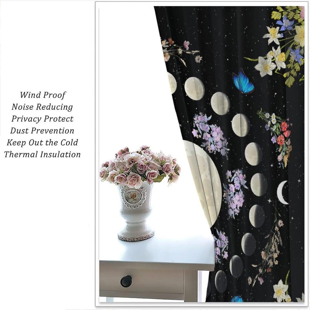 Bohemian Butterfly Moon Floral Curtains Vintage Mandala Flower Leaves Plants Gothic Window Drapes Living Room Bed Darkening Polyester Great Decor