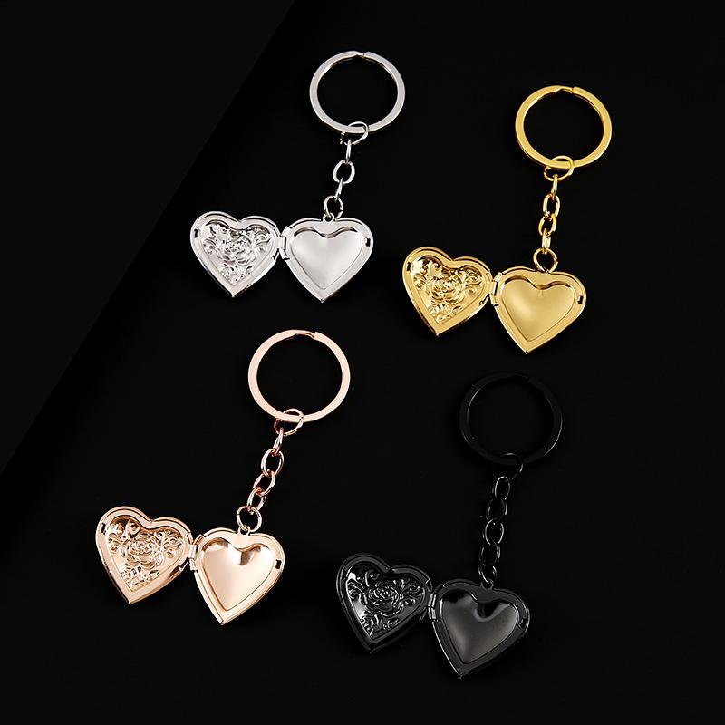 Porte-clés Cœur Rose en Acier Inoxydable Boîte Photo Finition Miroir